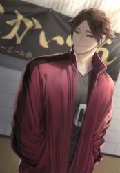 Rule 34 | 1boy, black hair, haikyuu!!, hands in pockets, hemoon, indoors, jacket, long sleeves, looking at viewer, male focus, open clothes, open jacket, open mouth, short hair, smile, solo, sportswear, standing, suna rintarou, track jacket, volleyball uniform