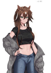 Rule 34 | 1girl, absurdres, animal ears, arknights, black shirt, blue pants, breasts, brown hair, closed mouth, cowboy shot, crop top, denim, green eyes, grey jacket, hand on own hip, highres, horse ears, jacket, kangi nako, long hair, long sleeves, looking at viewer, medium breasts, meteor (arknights), midriff, mole, mole under eye, multicolored hair, navel, off shoulder, open clothes, open jacket, pants, shirt, short sleeves, simple background, smile, solo, standing, stomach, streaked hair, white background
