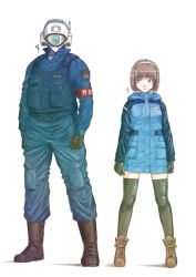 Rule 34 | 1girl, absurdres, armband, black footwear, black thighhighs, blue jacket, blue vest, boots, brown footwear, brown hair, clothed robot, green eyes, hairband, height difference, highres, humanoid robot, inori taimatsu, jacket, looking at viewer, one-eyed, original, police, robot, science fiction, short hair, smile, thighhighs, vest, white hairband