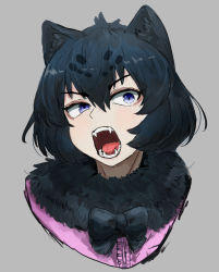 Rule 34 | 1girl, adeshi (adeshi0693119), animal ears, black bow, black bowtie, black hair, black jaguar (kemono friends), blue eyes, bow, bowtie, cat ears, commentary, fangs, fur trim, grey background, highres, kemono friends, looking to the side, open mouth, portrait, short hair, simple background, solo, teeth, tongue, uneven eyes