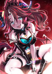 Rule 34 | 1girl, :d, animal ears, aqua eyes, bangle, belt, black footwear, black gloves, black shorts, blush, boots, bracelet, breasts, brown hair, cleavage, commentary request, crop top, demon horns, demon wings, elbow gloves, floating hair, gloves, halloween, highres, horns, horse ears, horse tail, jewelry, looking at viewer, mejiro palmer (devil in the moonlight) (umamusume), mejiro palmer (umamusume), nakahira guy, navel, open mouth, red background, short shorts, shorts, single elbow glove, smile, solo, tail, teeth, thigh belt, thigh strap, tongue, umamusume, wavy hair, wings