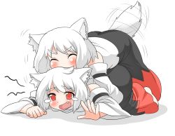 Rule 34 | 2girls, animal ears, bad id, bad pixiv id, bare shoulders, blush, detached sleeves, dual persona, highres, inubashiri momiji, mono (moiky), multiple girls, open mouth, red eyes, short hair, skirt, smile, tail, tail wagging, touhou, white hair, wolf ears, wolf tail