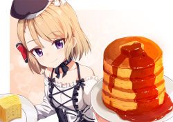 Rule 34 | 1girl, ame., asymmetrical sleeves, azur lane, bare shoulders, beret, black collar, black hat, blush, bow, breasts, brown background, butter, cheese, closed mouth, collar, collarbone, commentary request, food, gradient background, hair bow, hat, heart, heart background, holding, holding plate, light brown hair, long sleeves, looking at viewer, off-shoulder shirt, off shoulder, pancake, pancake stack, plate, puffy short sleeves, puffy sleeves, purple eyes, shirt, short hair, short sleeves, small breasts, smile, solo, syrup, uneven sleeves, upper body, white background, white shirt, z23 (azur lane)
