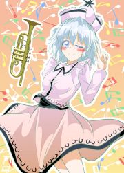 Rule 34 | 1girl, blue eyes, blue hair, blush, cowboy shot, dress, hat, highres, instrument, looking at viewer, matching hair/eyes, matsuoka michihiro, merlin prismriver, musical note, one eye closed, outline, quaver, solo, touhou, trumpet, white outline