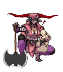 Rule 34 | 1girl, age difference, animal ears, arrow (projectile), axe, baby, blood, breasts, buffalo, horns, injury, large breasts, masked v (artist), squatting, weapon