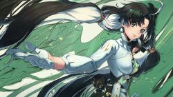 Rule 34 | absurdres, ahoge, asymmetrical clothes, black hair, breasts, earrings, gloves, green eyes, highres, jewelry, jianxin (wuthering waves), large breasts, long hair, looking at viewer, multicolored hair, two-tone dress, two-tone hair, upper body, very long hair, white gloves, white hair, wuthering waves, yin yang, yin yang earrings