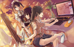 Rule 34 | 3girls, art brush, bad id, bad pixiv id, barefoot, between toes, brown hair, chanchan, computer, conjoined, crossed legs, drawing, drawing tablet, earphones, feet, flower, holding with feet, gloves, hat, keyboard (computer), long hair, maid, monitor, mousepad, mousepad (object), multiple girls, oekaki musume, original, paintbrush, painting (action), recursion, sandals, shoe dangle, short hair, sitting, toes, tulip, twintails, vase, wacom