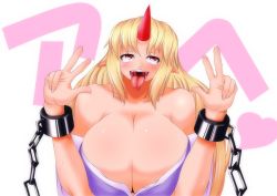 Rule 34 | 1girl, ahegao, bare shoulders, benedicta (yamamaya4), blonde hair, breasts, chain, cleavage, cuffs, female focus, handcuffs, heart, horns, hoshiguma yuugi, large breasts, long hair, meme, pointing, pointy ears, red eyes, saliva, solo, teeth, tongue, tongue out, touhou, upper body, white background