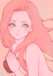 Rule 34 | 1girl, blush, closed mouth, eyeshadow, green eyes, hair censor, long hair, looking to the side, makeup, nude, original, pink eyes, pink hair, simple background, solo, tomamatto, upper body, very long hair