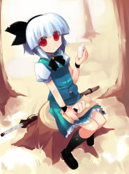 Rule 34 | 1girl, eating, female focus, food, food on face, forest, from above, konpaku youmu, mary janes, nature, onigiri, outdoors, plant, red eyes, shin (new), shoes, skirt, solo, touhou, tree stump, wristband