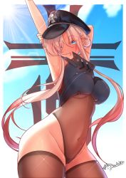 Rule 34 | 1girl, absurdres, armpits, azur lane, blue eyes, breasts, collar, cross, hair in own mouth, hat, highres, iron blood (emblem), iron cross, large breasts, long hair, looking at viewer, navel, ntk nartaku, odin (azur lane), solo, swimsuit, thighs, white hair