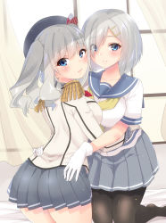 Rule 34 | 2girls, absurdres, ass, beret, black legwear, black skirt, blue eyes, breast press, breasts, breasts squeezed together, buttons, epaulettes, eyes visible through hair, frilled sleeves, frills, gloves, hair ornament, hair over one eye, hairclip, hamakaze (kancolle), hat, highres, jacket, kantai collection, kashima (kancolle), kerchief, kneeling, large breasts, long sleeves, military, military jacket, military uniform, miniskirt, multiple girls, neckerchief, on bed, pantyhose, pleated skirt, red neckerchief, sarfata, school uniform, short hair, short sleeves, silver hair, skirt, symmetrical docking, twintails, uniform, wavy hair, white gloves, white jacket, yellow neckerchief
