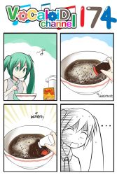Rule 34 | ..., 1girl, 4koma, aqua eyes, aqua hair, beamed quavers, bowl, catstudioinc (punepuni), collared shirt, color drain, comic, commentary request, food, hatsune miku, highres, left-to-right manga, long hair, musical note, necktie, noodles, pack noodles, quaver, ramen, shirt, sleeveless, solo, soy sauce, spilling, spoken musical note, thai text, translation request, twintails, vocaloid