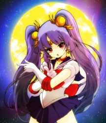 Rule 34 | 1girl, \m/, androgynous, bishoujo senshi sailor moon, blue sailor collar, blue skirt, bow, choker, circlet, cosplay, crescent moon, elbow gloves, full moon, gloves, hair ornament, highres, jewelry, long hair, lots of jewelry, magical girl, moon, night, night sky, outdoors, pikomarie, pointing, pointing at viewer, purple hair, puzzle &amp; dragons, red bow, red eyes, sailor collar, sailor moon, sailor moon (cosplay), sailor senshi, skirt, sky, solo, star (sky), starry sky, tsuki ni kawatte oshioki yo, twintails, very long hair, white gloves, yomi (p&amp;d)