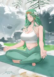 Rule 34 | 1girl, 2023, artist name, bare shoulders, barefoot, blush, breasts, circlet, cleavage, closed eyes, collarbone, dated, female focus, fire emblem, fire emblem: three houses, flower, green hair, green pants, hair flower, hair ornament, highres, large breasts, long hair, meditation, navel, nintendo, pants, parted bangs, rhea (fire emblem), sendo (sendrawz), sitting, solo, sports bra, tight clothes, tight pants, white sports bra, yoga mat, yoga pants