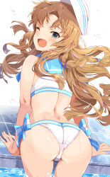 Rule 34 | 1girl, arm support, ass, back, bare shoulders, bent over, bikini, blue eyes, blue sailor collar, blush, bow, bow bikini, braid, brown hair, dixie cup hat, from behind, hat, highres, idolmaster, idolmaster million live!, kousaka umi, long hair, looking at viewer, looking back, military hat, one eye closed, open mouth, partially submerged, pool, sailor bikini, sailor collar, sailor hat, sailor swimsuit (idolmaster), side-tie bikini bottom, side braid, smile, solo, standing, swimsuit, tetsujin momoko, twin braids, water, wet, wet clothes, wet swimsuit, white bikini, white swimsuit
