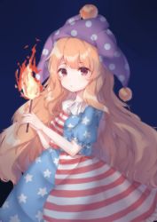 Rule 34 | 1girl, adapted costume, american flag, american flag print, american flag shirt, american flag skirt, arms up, black background, blonde hair, clownpiece, commentary, cowboy shot, expressionless, fire, flag print, from side, hat, highres, holding, holding torch, jester cap, long hair, looking at viewer, polka dot headwear, print shirt, print skirt, puffy short sleeves, puffy sleeves, purple hat, red eyes, shirt, short sleeves, simple background, solo, standing, torch, touhou, very long hair, zhi xixi