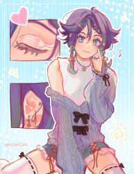 Rule 34 | 1boy, absurdres, androgynous, aqua eyes, aqua hair, black hair, cable knit, closed mouth, ear piercing, earrings, eyelashes, genshin impact, hair ornament, hair ribbon, hairpin, heart, highres, jewelry, light blue background, low twintails, makeup, male focus, multicolored background, multicolored hair, multiple earrings, musical note, necklace, ninachii, piercing, purple sweater, red ribbon, ribbon, ring, shirt, short hair, shorts, sitting, sleeveless, sleeveless shirt, solo, star (symbol), sweater, thighhighs, turtleneck, twintails, venti (genshin impact), wariza, white background, white shirt, white thighhighs