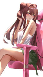 Rule 34 | 1girl, :&gt;, absurdres, bare shoulders, blush, brown hair, chair, crossed legs, duplicate, genshin impact, hair between eyes, highres, holding, holding hair, hu tao (genshin impact), katagirinanoka, long hair, looking at viewer, red eyes, shirt, simple background, sitting, smile, symbol-shaped pupils, thighs, white shirt