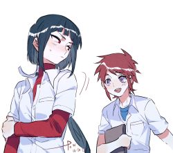 Rule 34 | 1boy, 1girl, :d, androgynous, black hair, dated, embarrassed, hand on own arm, layered sleeves, long hair, looking back, low ponytail, multiple sleeves, my-hime, okuzaki akira, open mouth, purple eyes, red eyes, red hair, shirt, short hair, shy, signature, smile, tokiha takumi, towtow redoland, white shirt