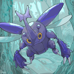 Rule 34 | bug, claws, closed mouth, commentary request, creatures (company), flying, forest, game freak, gen 2 pokemon, heracross, horns, insect wings, looking at viewer, nature, nintendo, no humans, outdoors, oyasuminjyutsu, pokemon, pokemon (creature), signature, single horn, smile, solo, tree, wings