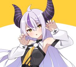 Rule 34 | 1girl, ahoge, ascot, bare shoulders, black horns, braid, braided bangs, grey hair, hololive, horns, imosato (imosato555), la+ darknesss, la+ darknesss (1st costume), long hair, looking at viewer, multicolored hair, nail polish, open mouth, pointy ears, purple hair, purple nails, solo, streaked hair, striped horns, virtual youtuber, yellow ascot