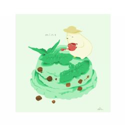 Rule 34 | bear, border, chai (drawingchisanne), commentary request, dessert, english text, food, garnish, green background, hat, holding, holding watering can, ice cream, mint, mint chocolate, no humans, on food, original, polar bear, shirokuma-san (drawingchisanne), signature, simple background, straw hat, undersized animal, watering, watering can, white border
