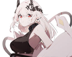 Rule 34 | 1girl, arknights, bare shoulders, black tank top, choker, closed mouth, earclip, from side, hair between eyes, hair ornament, horns, infection monitor (arknights), long hair, looking at viewer, looking to the side, mudrock (arknights), mudrock (elite ii) (arknights), pointy ears, red eyes, sideways glance, simple background, solo, sweat, tank top, tareme, tetuw, upper body, white background, white hair