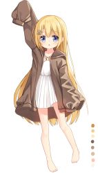 Rule 34 | 1girl, arm up, barefoot, blonde hair, blue eyes, brown jacket, color guide, dress, flower girl (yuuhagi (amaretto-no-natsu)), full body, hair between eyes, hair ornament, hairclip, hood, hood down, hooded jacket, jacket, long hair, long sleeves, o-ring, o-ring dress, open clothes, open jacket, original, puffy long sleeves, puffy sleeves, simple background, sleeves past wrists, solo, standing, standing on one leg, very long hair, white background, white dress, x hair ornament, yuuhagi (amaretto-no-natsu)