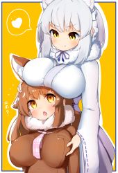 Rule 34 | &gt;:), 2girls, animal ears, berusa (berutoo), blush, grabbing another&#039;s breast, breast rest, breasts, breasts on head, brown hair, fur collar, grabbing, hand on another&#039;s head, heart, highres, japanese clothes, japanese wolf (kemono friends), kemono friends, kimono, large breasts, licking lips, makami (kemono friends), medium hair, multiple girls, necktie, orange eyes, simple background, smile, spoken heart, tongue, tongue out, v-shaped eyebrows, white hair, wide sleeves, wolf ears, wolf girl, yellow background, yellow eyes
