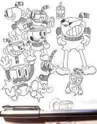 Rule 34 | 1boy, absurdres, character sheet, cuphead, cuphead (game), gashi-gashi, giving up the ghost, grin, halo, highres, pants, pen, pen (medium), retro artstyle, smile, traditional media