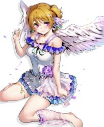 Rule 34 | 1girl, alternate costume, angel wings, barefoot, breasts, closed mouth, fingernails, flower, green nails, hair flower, hair ornament, highres, koizumi hanayo, looking at viewer, love live!, love live! school idol project, medium breasts, nail polish, nakano maru, purple eyes, short hair, side ponytail, simple background, sitting, skirt, smile, solo, white background, white skirt, wings, x hair ornament