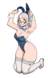 Rule 34 | 1girl, absurdres, animal ears, armpits, arms up, bare shoulders, blue leotard, blush, boots, bow, bowtie, breasts, closed mouth, commentary request, curvy, detached collar, fake animal ears, full body, glasses, goddess of victory: nikke, green eyes, hair ornament, hairclip, high heel boots, high heels, highleg, highleg leotard, highres, kneeling, leotard, long hair, looking at viewer, medium breasts, medium hair, neon (nikke), over-rim eyewear, playboy bunny, rabbit, rabbit ears, rabbit tail, semi-rimless eyewear, sidelocks, smile, solo, strapless, strapless leotard, tail, thigh boots, toshinoshin, white background, white footwear, wide hips, wrist cuffs