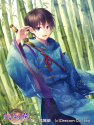 Rule 34 | 1boy, :d, bamboo, bamboo forest, blue eyes, brown hair, company name, day, detached sleeves, forest, hand up, japanese clothes, male focus, nature, official art, onmyoji, open mouth, outdoors, sheath, sheathed, smile, sparkle, standing, sunlight, sword, watermark, weapon, wide sleeves, yamigo
