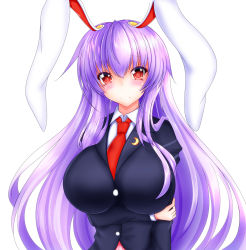 Rule 34 | 1girl, animal ears, blazer, blouse, blush, breast hold, breasts, highres, huge breasts, jacket, kou (inaba), light purple hair, long hair, looking at viewer, necktie, purple hair, rabbit ears, rabbit girl, rabbit tail, red eyes, red necktie, reisen udongein inaba, shirt, simple background, solo, tail, touhou, very long hair, white background