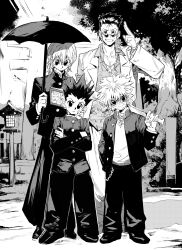 Rule 34 | 4boys, absurdres, baseball bat, book, buttons, crossed arms, full body, gakuran, gon freecss, greyscale, hawaiian shirt, highres, holding, holding umbrella, hunter x hunter, jacket, killua zoldyck, kurapika, leorio paladiknight, looking at viewer, male focus, mask, monochrome, mouth mask, multiple boys, open book, open clothes, open jacket, outdoors, over shoulder, reading, school uniform, shirt, spiked hair, standing, suit jacket, sunglasses, surgical mask, tree, umbrella, weapon, weapon over shoulder, xi luo an ya