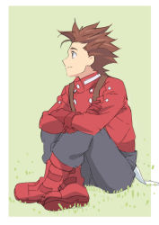 Rule 34 | 00s, 1boy, banneko, boots, brown eyes, brown hair, buttons, crossed arms, full body, gloves, grass, crossed legs, lloyd irving, male focus, nature, outdoors, pants, profile, red footwear, red gloves, ribbon, shoes, short hair, sitting, smile, solo, spiked hair, suspenders, tales of (series), tales of symphonia