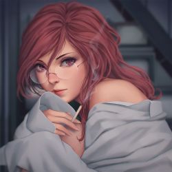 Rule 34 | 1girl, aozaki touko, bare shoulders, between fingers, blouse, blurry, blurry background, cigarette, collared shirt, fingernails, from side, glasses, grey shirt, hair between eyes, highres, holding, holding cigarette, kara no kyoukai, knees to chest, knees up, lips, long hair, long sleeves, looking at viewer, miura-n315, nose, off shoulder, red eyes, red hair, red lips, rimless eyewear, shirt, sleeves past wrists, smile, smoke, solo, upper body