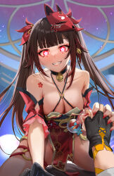 Rule 34 | 1boy, 1girl, absurdres, anzu0130, bare shoulders, bell, black gloves, blush, breasts, brown hair, caelus (honkai: star rail), choker, cleavage, collarbone, criss-cross halter, dress, eyeliner, fingerless gloves, flower tattoo, fox mask, girl on top, gloves, glowing, glowing eyes, gold trim, grin, halterneck, highres, holding hands, honkai: star rail, honkai (series), large breasts, long hair, looking at viewer, makeup, mask, mask on head, neck bell, pelvic curtain, red dress, red eyes, sitting, sitting on person, smile, sparkle (honkai: star rail), tattoo, thighs, trailblazer (honkai: star rail), twintails, variant set