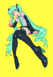 Rule 34 | 1girl, absurdres, black footwear, blue hair, boots, closed mouth, detached sleeves, green eyes, green necktie, grey shirt, twirling hair, hatsune miku, high heel boots, high heels, highres, invisible chair, knees together feet apart, looking at viewer, necktie, ruukii drift, shirt, simple background, sitting, sleeveless, sleeveless shirt, solo, thigh boots, thighhighs, twintails, vocaloid, white background, yellow background