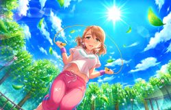 Rule 34 | 1girl, artist request, blue sky, blush, bouncing breasts, breasts, brown hair, bush, cloud, collarbone, day, from below, green eyes, idolmaster, idolmaster cinderella girls, idolmaster cinderella girls starlight stage, jewelry, jump rope, jumping, lamppost, leaf, long hair, looking at viewer, medium breasts, midriff, navel, necklace, official art, open mouth, outdoors, pants, park, pink pants, sky, smile, solo, sunlight, sweatdrop, sweatpants, tree, w arms, wristband, yanagi kiyora