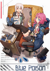 Rule 34 | 1boy, 1girl, 1other, absurdres, ambiguous gender, ansel (arknights), arknights, black collar, black jacket, black shorts, black thighhighs, blue eyes, blue footwear, blue jacket, blue poison (arknights), blue poison (elite ii) (arknights), blush stickers, box, cellphone, chair, character name, collar, commentary, dated, doctor (arknights), feet on table, first aid kit, full body, hair between eyes, highres, holding, holding phone, holding syringe, hood, hood down, hood up, jacket, jumbowhopper, korean commentary, mask, mixed-language commentary, necktie, office chair, open clothes, open jacket, paper stack, peeking, phone, pink hair, red eyes, red neckwear, shirt, shorts, sitting, standing, swivel chair, syringe, thighhighs, trash can, twintails, white shirt