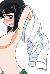Rule 34 | 1girl, black eyes, black hair, blush, breasts, character request, cowboy shot, from side, girls und panzer, green skirt, highres, looking at viewer, medium breasts, navel, ooarai school uniform, school uniform, serafuku, short hair, sidelocks, skirt, solo, topless, undressing, upper body, wakku kan, wavy mouth, white background