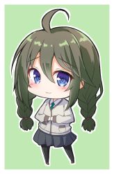 Rule 34 | 1girl, ahoge, black pantyhose, black skirt, blue eyes, blush, braid, brown footwear, chibi, closed mouth, collared shirt, commentary request, full body, green background, green hair, green necktie, grey jacket, hair between eyes, jacket, long hair, necktie, nenosame, outline, pantyhose, pleated skirt, princess connect!, shirt, shoes, skirt, smile, solo, standing, twin braids, twintails, very long hair, white outline, white shirt, yuni (princess connect!), yuni (real) (princess connect!)