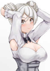 Rule 34 | 1girl, alternate hairstyle, armpit cutout, armpits, arms up, breasts, cleavage cutout, clothing cutout, conte di cavour (kancolle), double bun, dress, grey dress, grey eyes, hair bun, highres, kantai collection, koru pera, large breasts, layered dress, long sleeves, silver hair, smile, solo, two-tone dress, upper body, white dress
