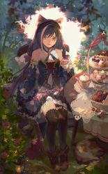 Rule 34 | 1girl, :d, absurdres, animal ear fluff, animal ears, backlighting, black hair, black ribbon, black thighhighs, blue sleeves, blurry, blurry foreground, brown footwear, cat ears, cat girl, cup, detached sleeves, full body, green eyes, highres, holding, holding cup, karyl (princess connect!), lantern, layered skirt, lens flare, long hair, long sleeves, looking at viewer, miniskirt, multicolored hair, neck ribbon, open mouth, outdoors, princess connect!, purple skirt, ribbon, sitting, skirt, smile, solo, streaked hair, tharsis (392724022), thighhighs, very long hair