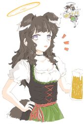 Rule 34 | 1girl, alternate costume, animal ears, bags under eyes, beer mug, black choker, black hair, blue archive, breasts, chibi, chibi inset, choker, collarbone, cropped torso, cross-laced clothes, cross-laced dress, cup, dirndl, dog ears, foam, german clothes, hand on own hip, hariyaa, hibiki (blue archive), highres, holding, holding cup, jitome, long hair, looking at viewer, mug, open mouth, purple eyes, short sleeves, small breasts, underbust