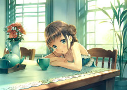 Rule 34 | 1girl, bare arms, bare shoulders, brown hair, chair, cup, day, dress, flower, flower pot, green eyes, hair bun, indoors, jug (bottle), kurage (kurakurapix), looking at viewer, mug, original, parted lips, plant, potted plant, shiny skin, short hair, sidelocks, single hair bun, sitting, sleeveless, sleeveless dress, solo, table, tablecloth, teapot, tray, window, wooden table