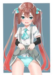 Rule 34 | 1girl, aqua panties, arm warmers, asagumo (kancolle), ascot, brown hair, cleft of venus, gluteal fold, green background, grey eyes, hair ribbon, highres, holding, holding clothes, holding skirt, kantai collection, lifted by self, long hair, makiyuki, panties, pleated skirt, ribbon, shirt, skirt, solo, suspenders, twintails, underwear, white background, white shirt
