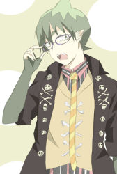 Rule 34 | 1boy, amaimon, ao no exorcist, bad id, bad pixiv id, fang, glasses, gloves, green eyes, green hair, male focus, matching hair/eyes, necktie, open mouth, pointy ears, reano, school uniform, short hair, solo